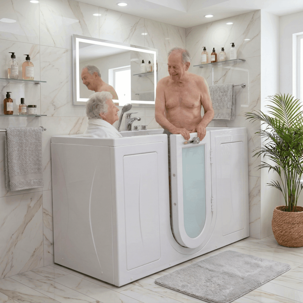 Tub4Two Acrylic Two Seat Walk-In Bathtub with Outward Swing Door 32"x60" (81x152cm) Dual Drain Technology