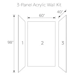 Solid White Glossy Acrylic, 3-Panel Shower Wall Kit Surround 40″x60″x98″