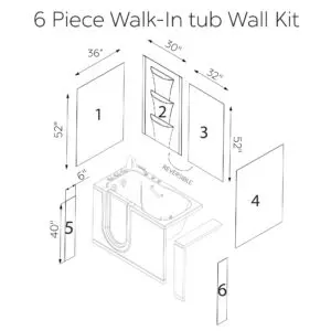 Walk In Tub Wall Surround 6 Panel Kit Solid White Glossy